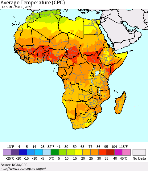 Africa Average Temperature (CPC) Thematic Map For 2/28/2022 - 3/6/2022