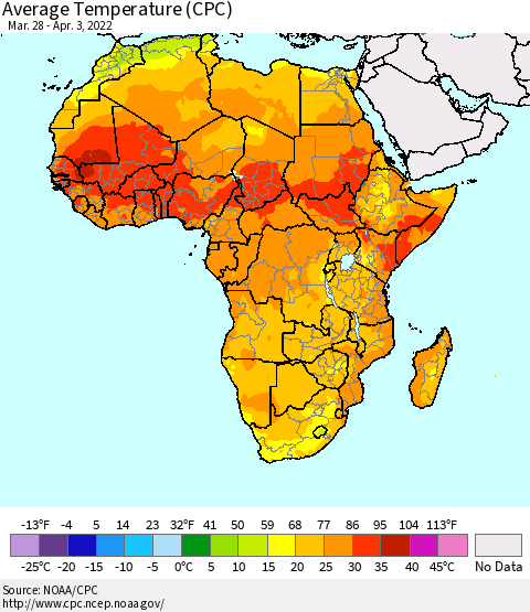 Africa Average Temperature (CPC) Thematic Map For 3/28/2022 - 4/3/2022