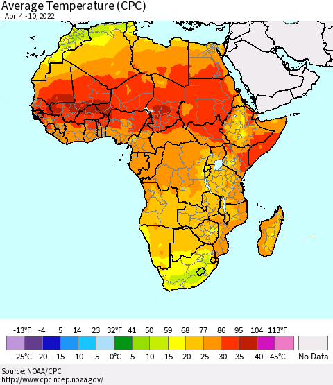 Africa Average Temperature (CPC) Thematic Map For 4/4/2022 - 4/10/2022