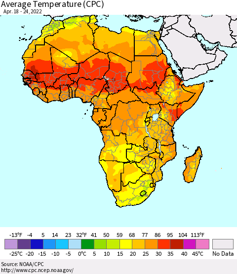 Africa Average Temperature (CPC) Thematic Map For 4/18/2022 - 4/24/2022