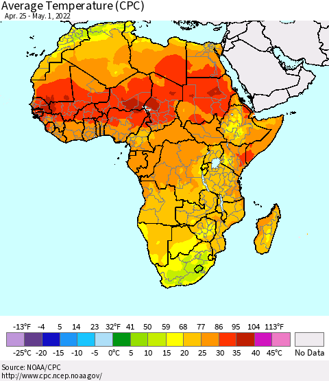 Africa Average Temperature (CPC) Thematic Map For 4/25/2022 - 5/1/2022