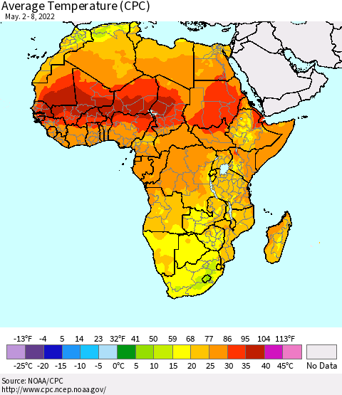 Africa Average Temperature (CPC) Thematic Map For 5/2/2022 - 5/8/2022