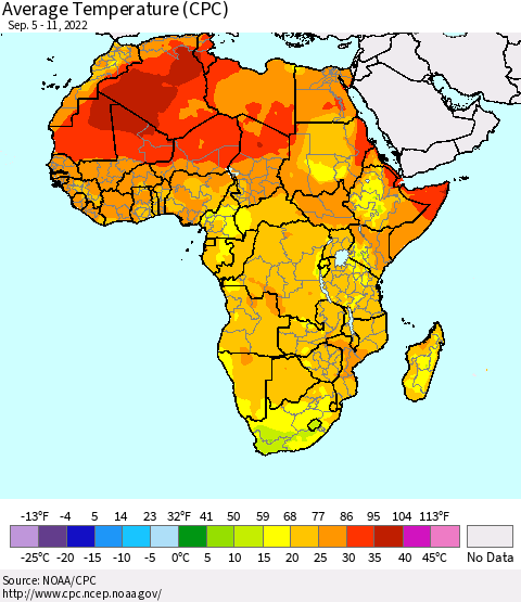 Africa Average Temperature (CPC) Thematic Map For 9/5/2022 - 9/11/2022