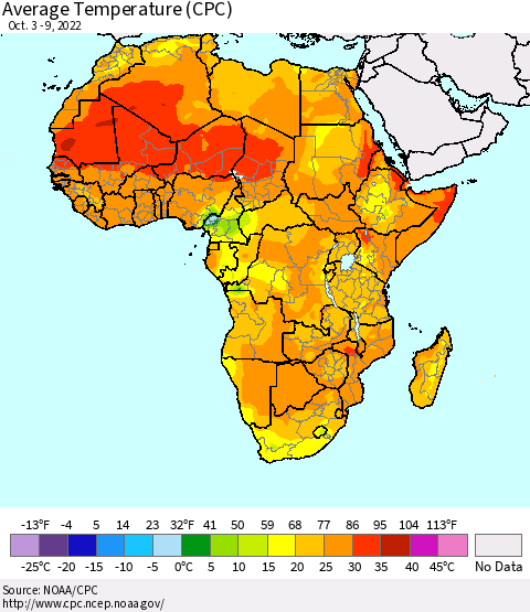 Africa Average Temperature (CPC) Thematic Map For 10/3/2022 - 10/9/2022