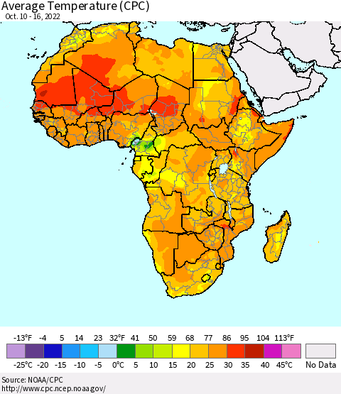 Africa Average Temperature (CPC) Thematic Map For 10/10/2022 - 10/16/2022