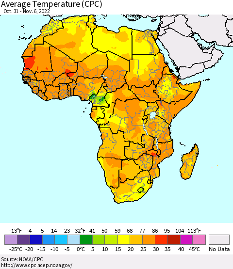 Africa Average Temperature (CPC) Thematic Map For 10/31/2022 - 11/6/2022