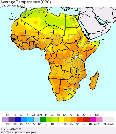 Africa Average Temperature (CPC) Thematic Map For 12/26/2022 - 1/1/2023