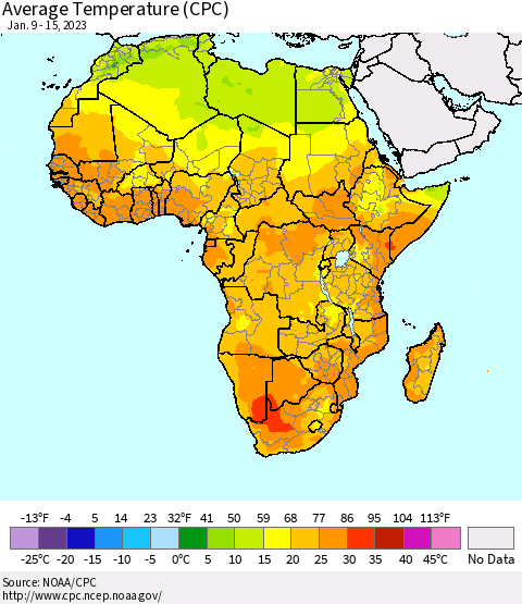 Africa Average Temperature (CPC) Thematic Map For 1/9/2023 - 1/15/2023
