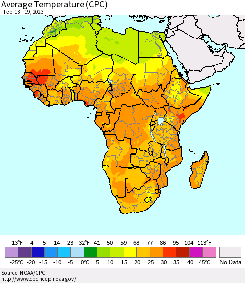 Africa Average Temperature (CPC) Thematic Map For 2/13/2023 - 2/19/2023