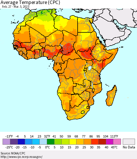 Africa Average Temperature (CPC) Thematic Map For 2/27/2023 - 3/5/2023