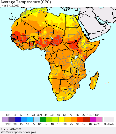 Africa Average Temperature (CPC) Thematic Map For 3/6/2023 - 3/12/2023