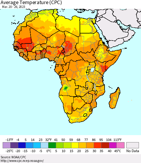 Africa Average Temperature (CPC) Thematic Map For 3/20/2023 - 3/26/2023