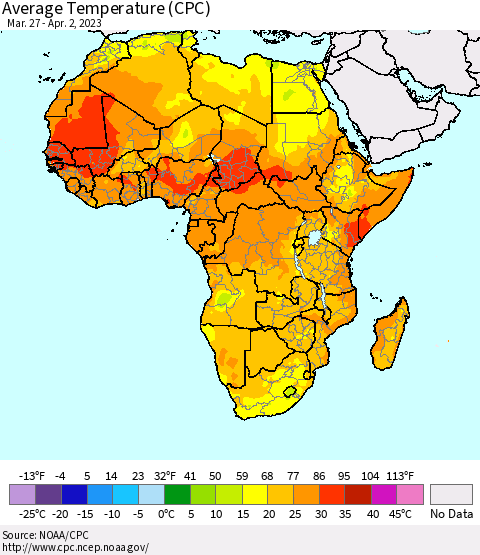 Africa Average Temperature (CPC) Thematic Map For 3/27/2023 - 4/2/2023