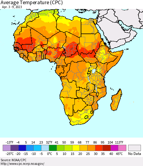 Africa Average Temperature (CPC) Thematic Map For 4/3/2023 - 4/9/2023