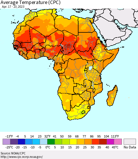 Africa Average Temperature (CPC) Thematic Map For 4/17/2023 - 4/23/2023