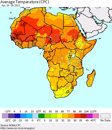 Africa Average Temperature (CPC) Thematic Map For 4/24/2023 - 4/30/2023