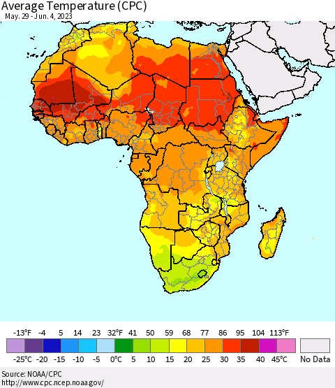 Africa Average Temperature (CPC) Thematic Map For 5/29/2023 - 6/4/2023
