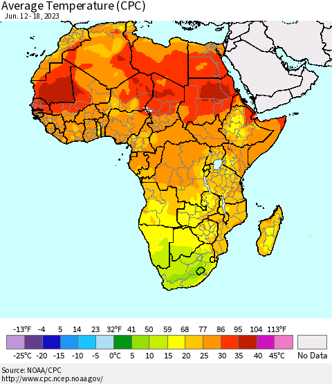 Africa Average Temperature (CPC) Thematic Map For 6/12/2023 - 6/18/2023