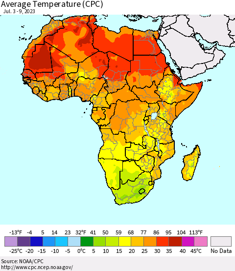Africa Average Temperature (CPC) Thematic Map For 7/3/2023 - 7/9/2023