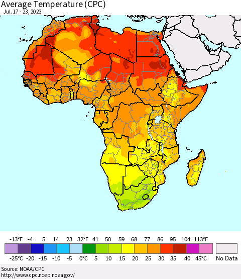 Africa Average Temperature (CPC) Thematic Map For 7/17/2023 - 7/23/2023