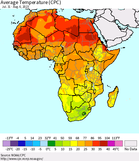 Africa Average Temperature (CPC) Thematic Map For 7/31/2023 - 8/6/2023