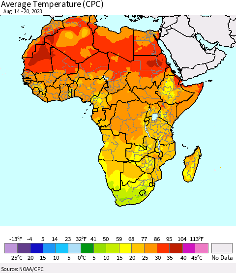 Africa Average Temperature (CPC) Thematic Map For 8/14/2023 - 8/20/2023