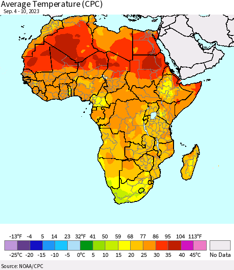 Africa Average Temperature (CPC) Thematic Map For 9/4/2023 - 9/10/2023