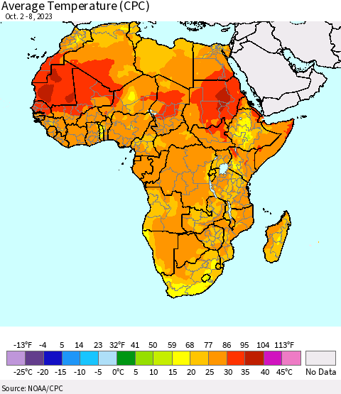 Africa Average Temperature (CPC) Thematic Map For 10/2/2023 - 10/8/2023