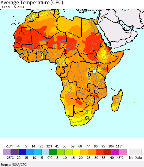 Africa Average Temperature (CPC) Thematic Map For 10/9/2023 - 10/15/2023
