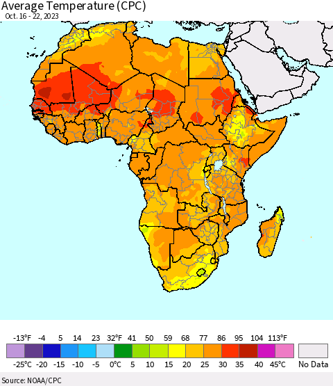 Africa Average Temperature (CPC) Thematic Map For 10/16/2023 - 10/22/2023