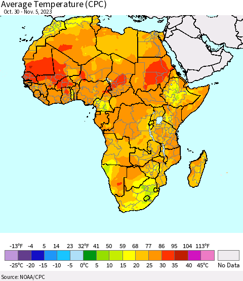 Africa Average Temperature (CPC) Thematic Map For 10/30/2023 - 11/5/2023