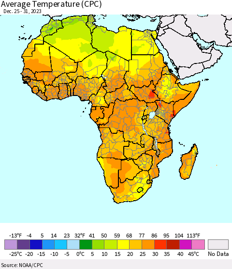 Africa Average Temperature (CPC) Thematic Map For 12/25/2023 - 12/31/2023
