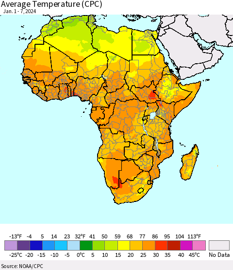 Africa Average Temperature (CPC) Thematic Map For 1/1/2024 - 1/7/2024