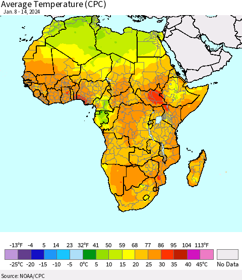 Africa Average Temperature (CPC) Thematic Map For 1/8/2024 - 1/14/2024