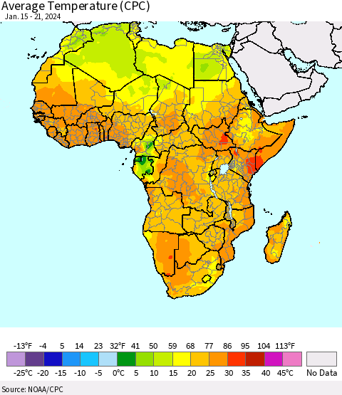Africa Average Temperature (CPC) Thematic Map For 1/15/2024 - 1/21/2024
