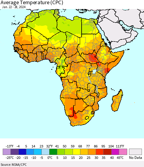 Africa Average Temperature (CPC) Thematic Map For 1/22/2024 - 1/28/2024