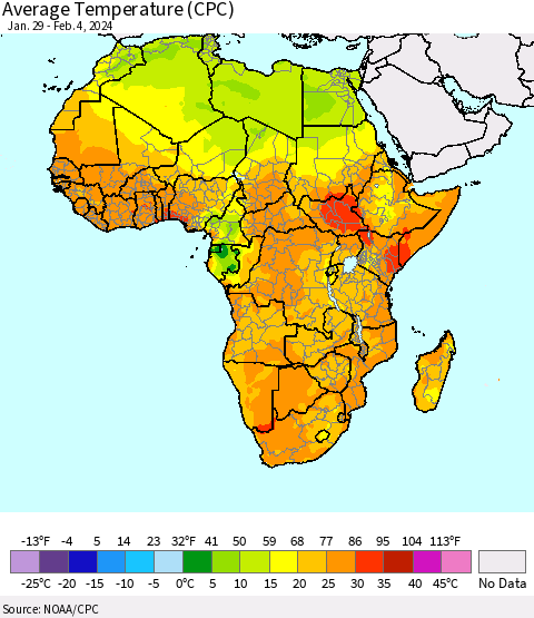 Africa Average Temperature (CPC) Thematic Map For 1/29/2024 - 2/4/2024