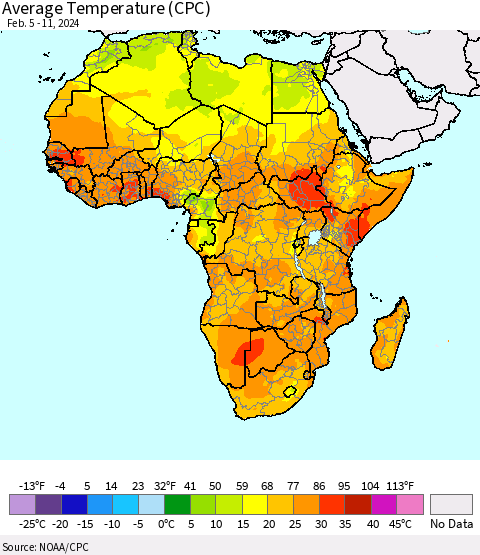Africa Average Temperature (CPC) Thematic Map For 2/5/2024 - 2/11/2024