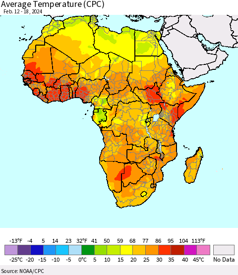 Africa Average Temperature (CPC) Thematic Map For 2/12/2024 - 2/18/2024