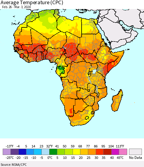 Africa Average Temperature (CPC) Thematic Map For 2/26/2024 - 3/3/2024