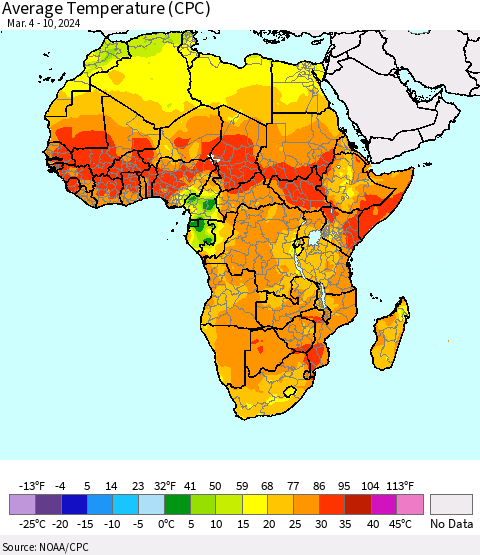 Africa Average Temperature (CPC) Thematic Map For 3/4/2024 - 3/10/2024