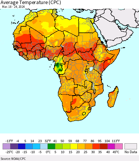 Africa Average Temperature (CPC) Thematic Map For 3/18/2024 - 3/24/2024