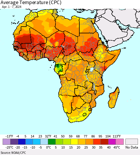 Africa Average Temperature (CPC) Thematic Map For 4/1/2024 - 4/7/2024