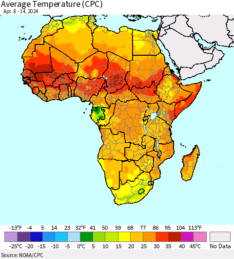Africa Average Temperature (CPC) Thematic Map For 4/8/2024 - 4/14/2024