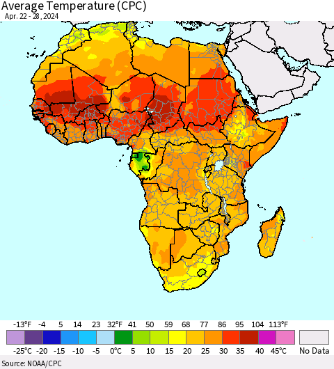 Africa Average Temperature (CPC) Thematic Map For 4/22/2024 - 4/28/2024