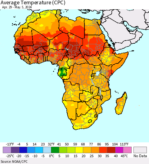 Africa Average Temperature (CPC) Thematic Map For 4/29/2024 - 5/5/2024