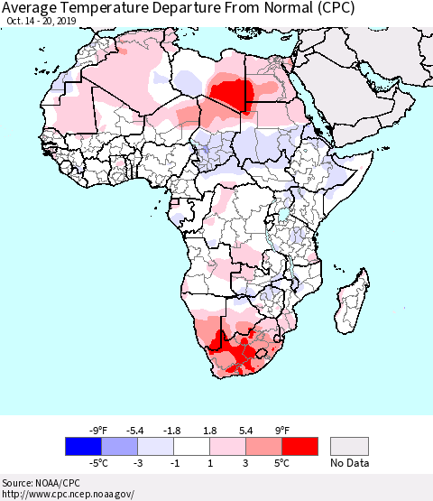 Africa Average Temperature Departure from Normal (CPC) Thematic Map For 10/14/2019 - 10/20/2019