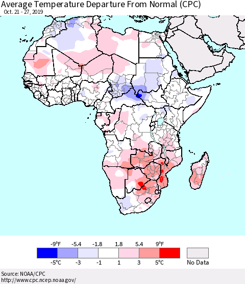 Africa Average Temperature Departure from Normal (CPC) Thematic Map For 10/21/2019 - 10/27/2019