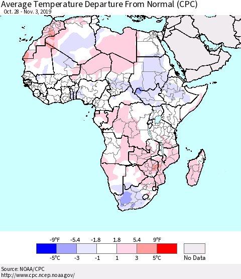 Africa Average Temperature Departure from Normal (CPC) Thematic Map For 10/28/2019 - 11/3/2019