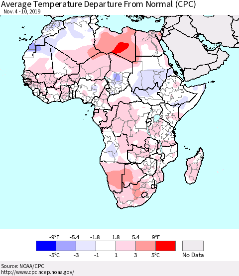 Africa Average Temperature Departure from Normal (CPC) Thematic Map For 11/4/2019 - 11/10/2019